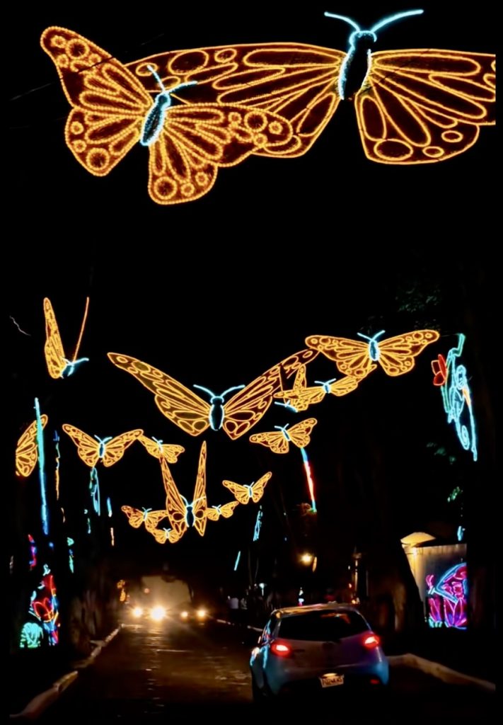 Illuminated monarch butterfly light tunnel over a cobblestone street during the Festival de la Luz in Antigua Guatemala.