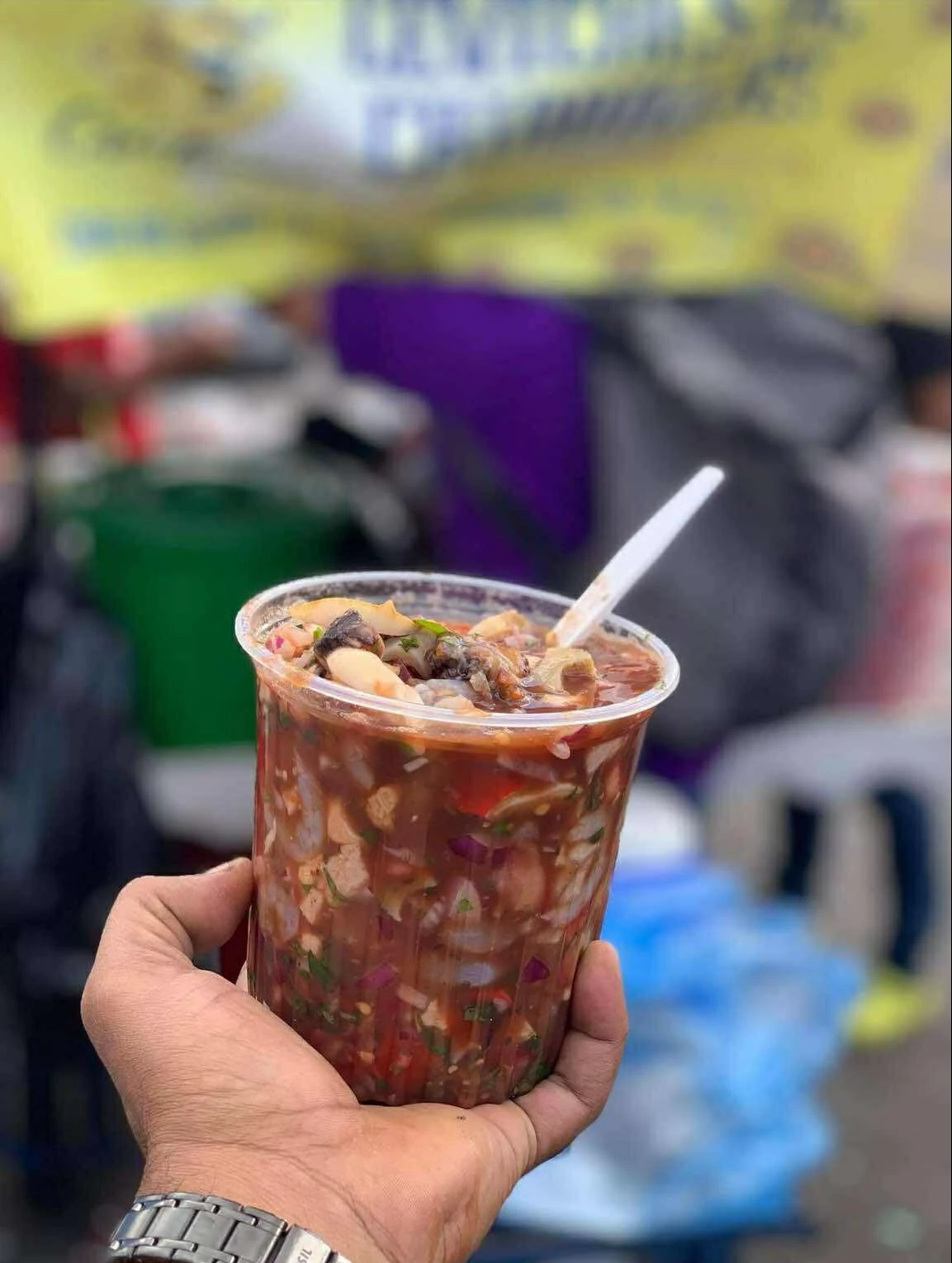 Cup of ceviche de criadillas from Ceviches Cristian in Antigua Guatemala