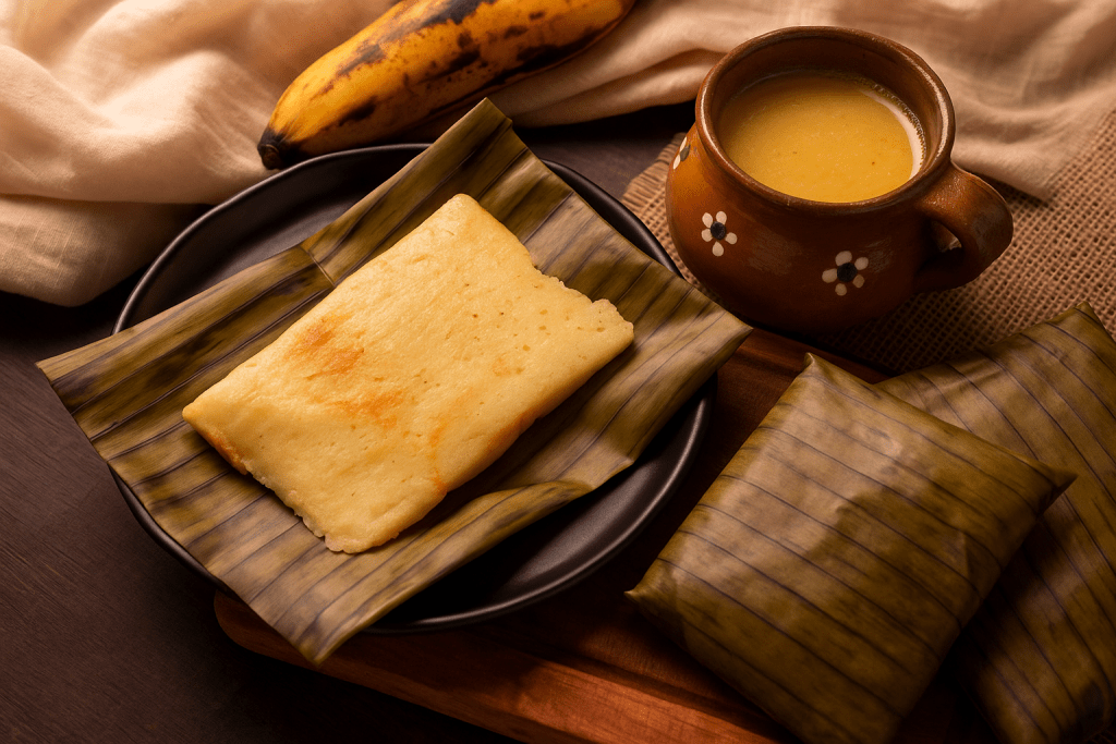 Guatemalan atol de plátano served with banana leaf tamal and ripe plantain