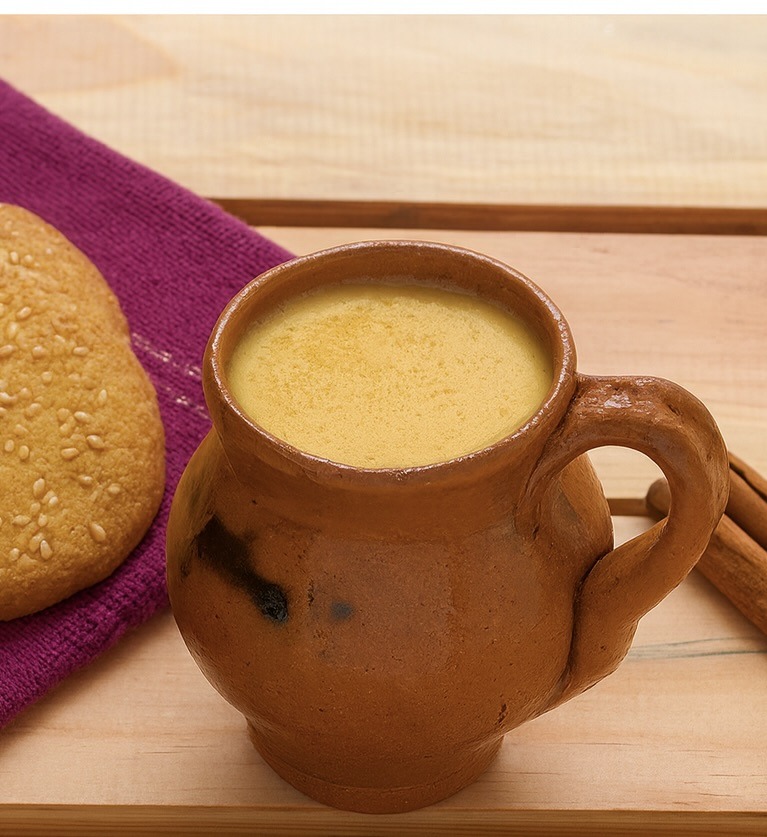Guatemalan atol de plátano served in a terracotta mug with traditional sweet bread