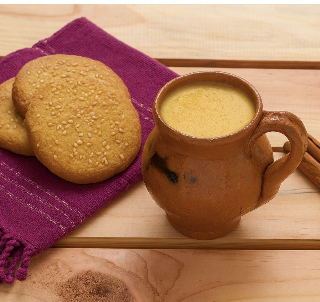 Traditional Guatemalan plantain atole with sweet bread on wooden board