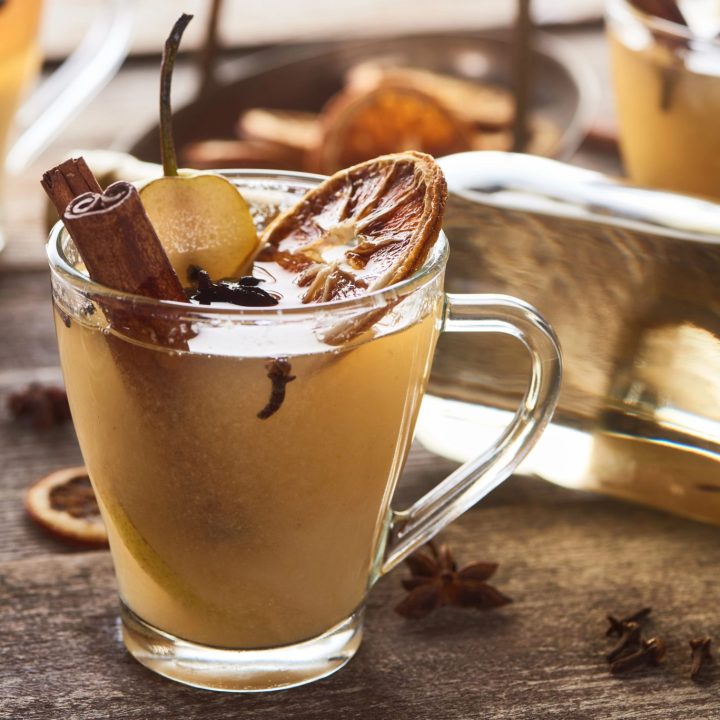 Warm pear mulled white wine with pear and winter spices