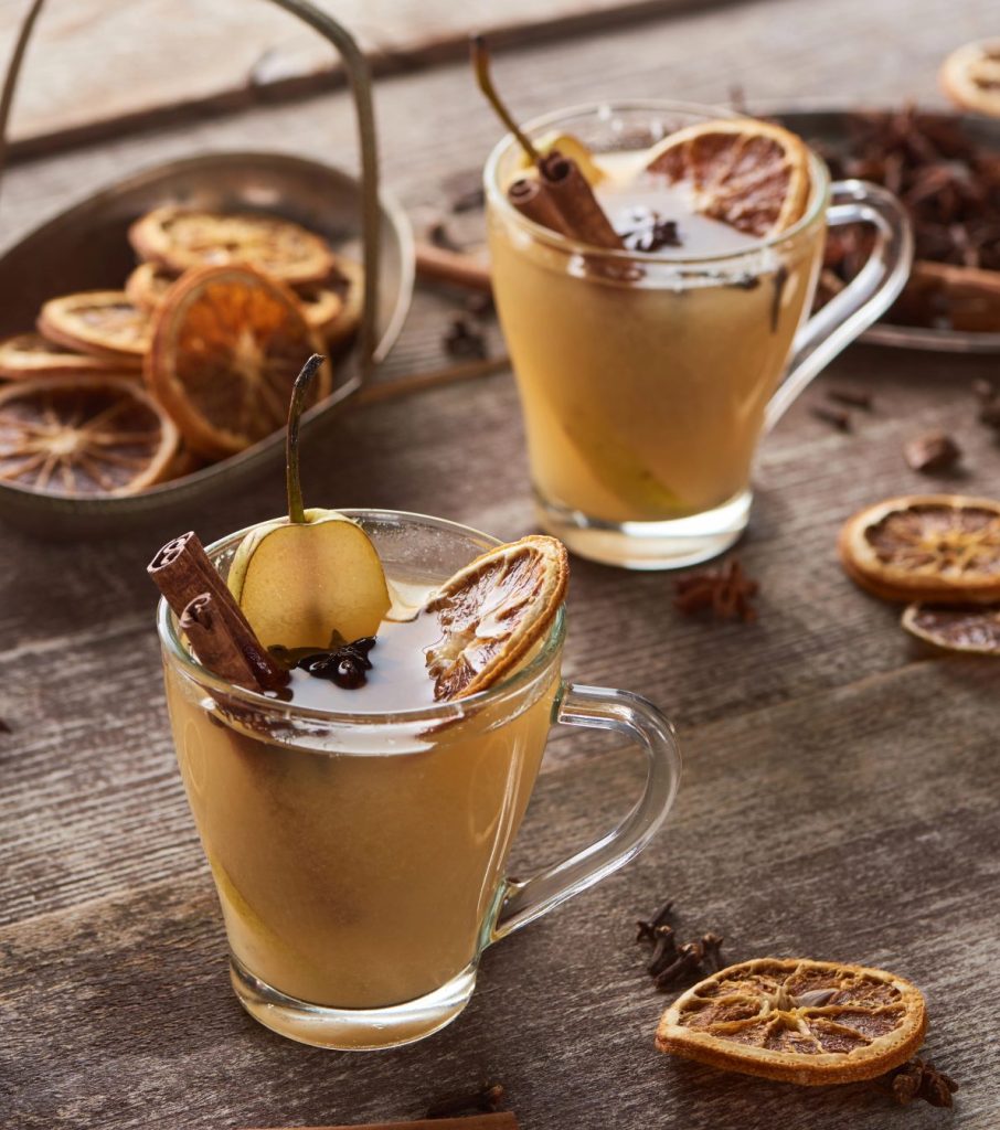 Pear mulled white wine for winter entertaining and holiday gatherings