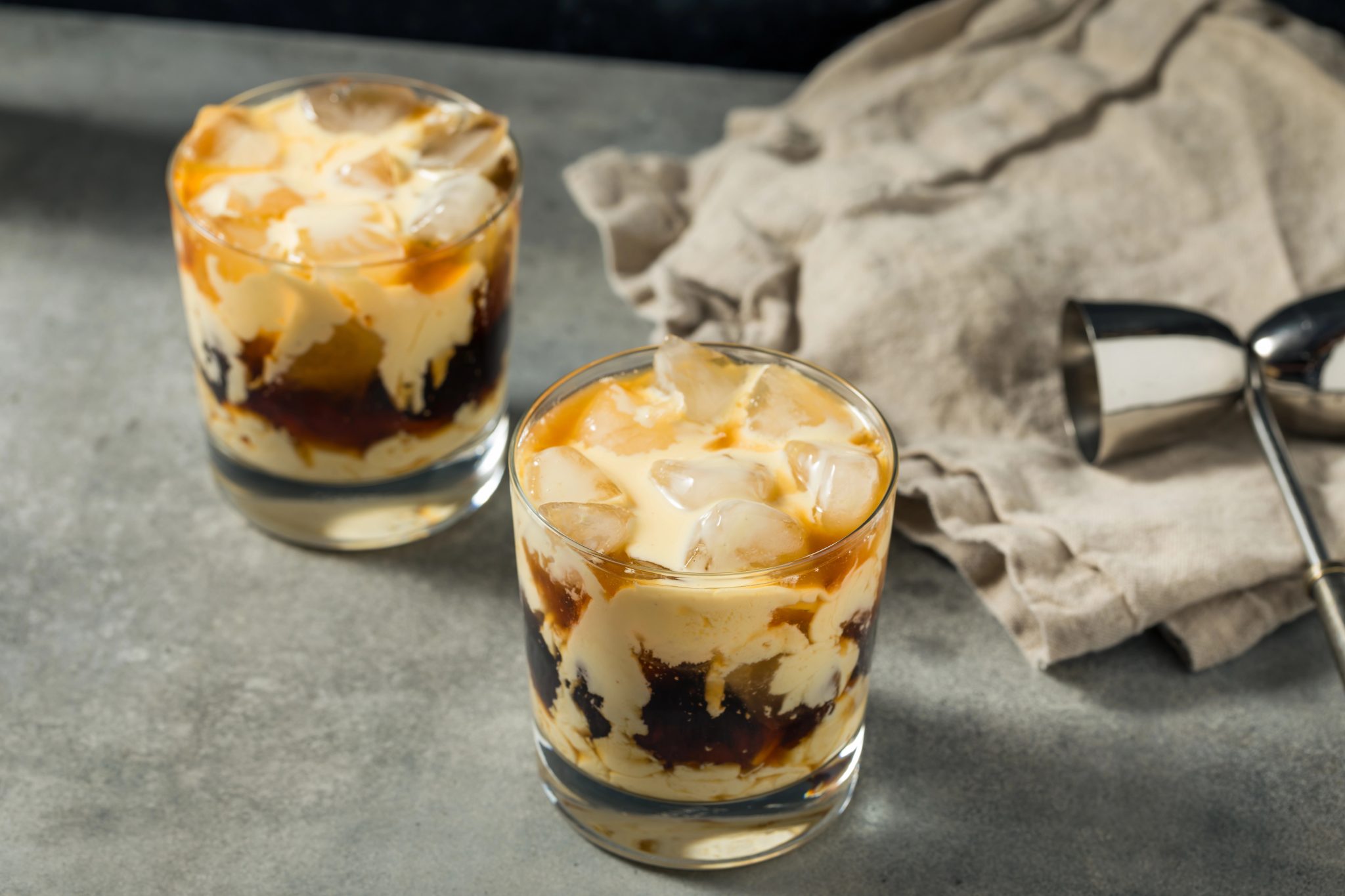 Eggnog White Russian cocktail with vodka and coffee liqueur, a creamy winter coffee cocktail recipe