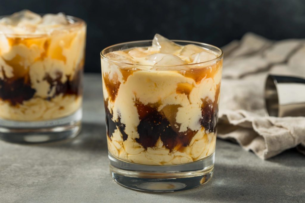 Holiday eggnog White Russian cocktail served over ice, a cozy Christmas coffee cocktail recipe