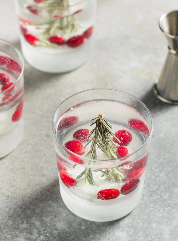 Snow globe gin and tonic holiday cocktail with clear infused ice, rosemary sprig, cranberries, and tonic water for a festive winter cocktail