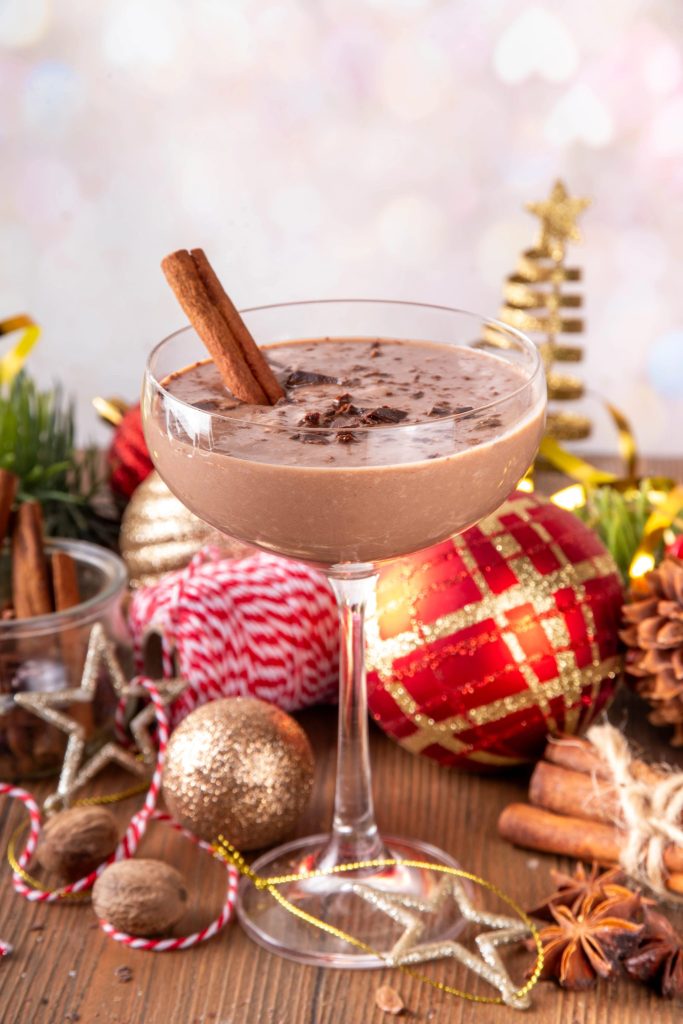 Holiday chocolate martini recipe made with eggnog, a cozy winter cocktail and Christmas party drink idea