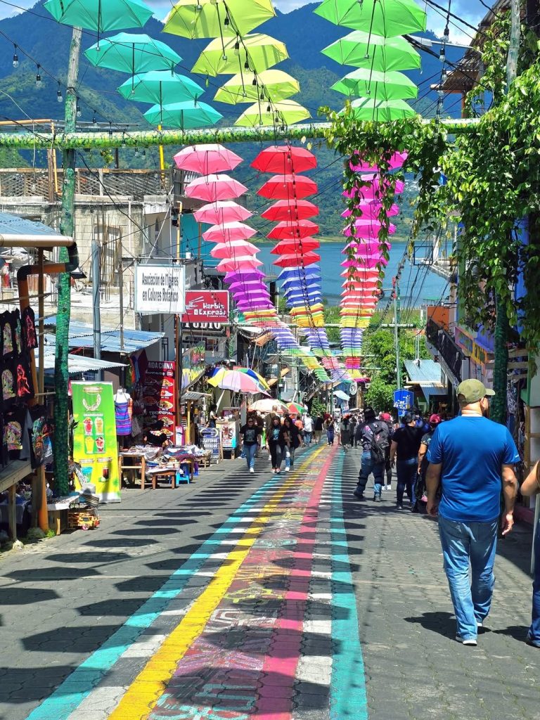 Decorated pedestrian street with Mayan umbrella art in San Juan La Laguna Guatemala