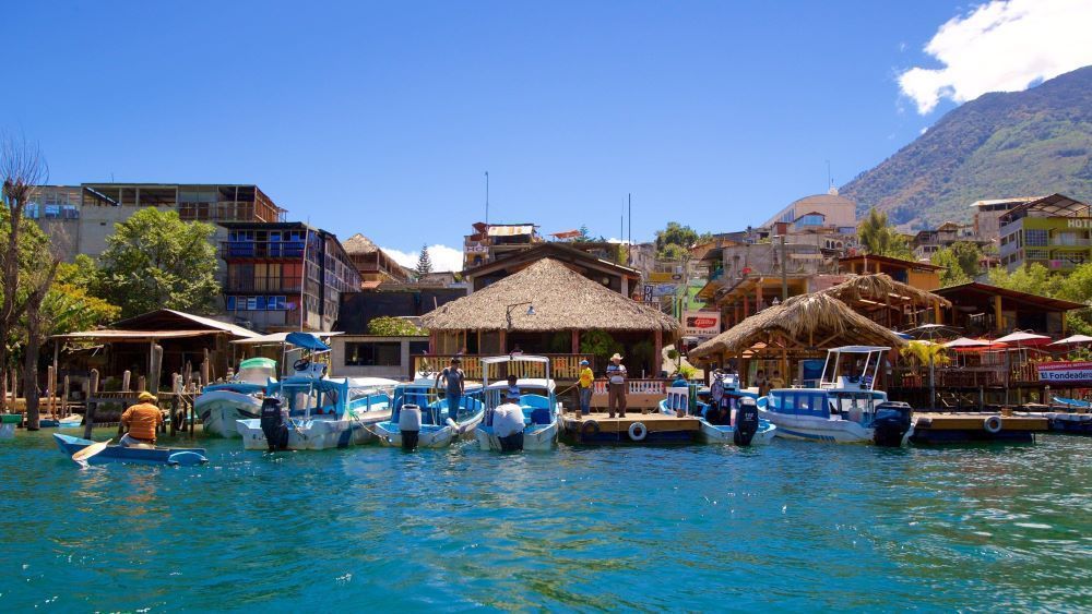 Boats docked along the waterfront in Santiago Atitlán on Lake Atitlán Guatemala