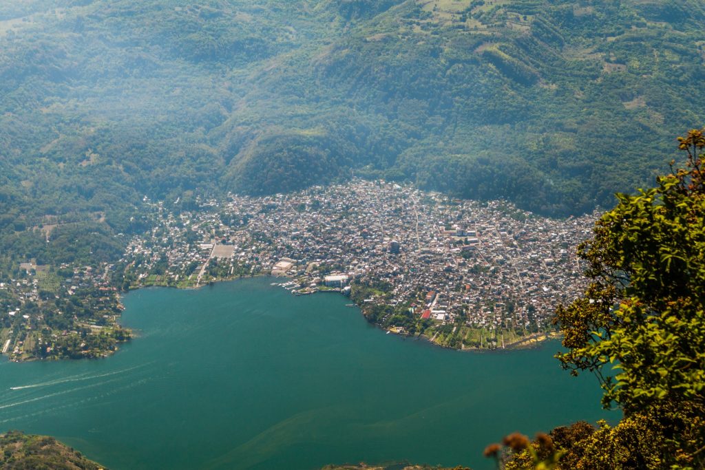 View of Santiago Atitlán and Lake Atitlán seen from the Indian Nose hiking trail in Guatemala