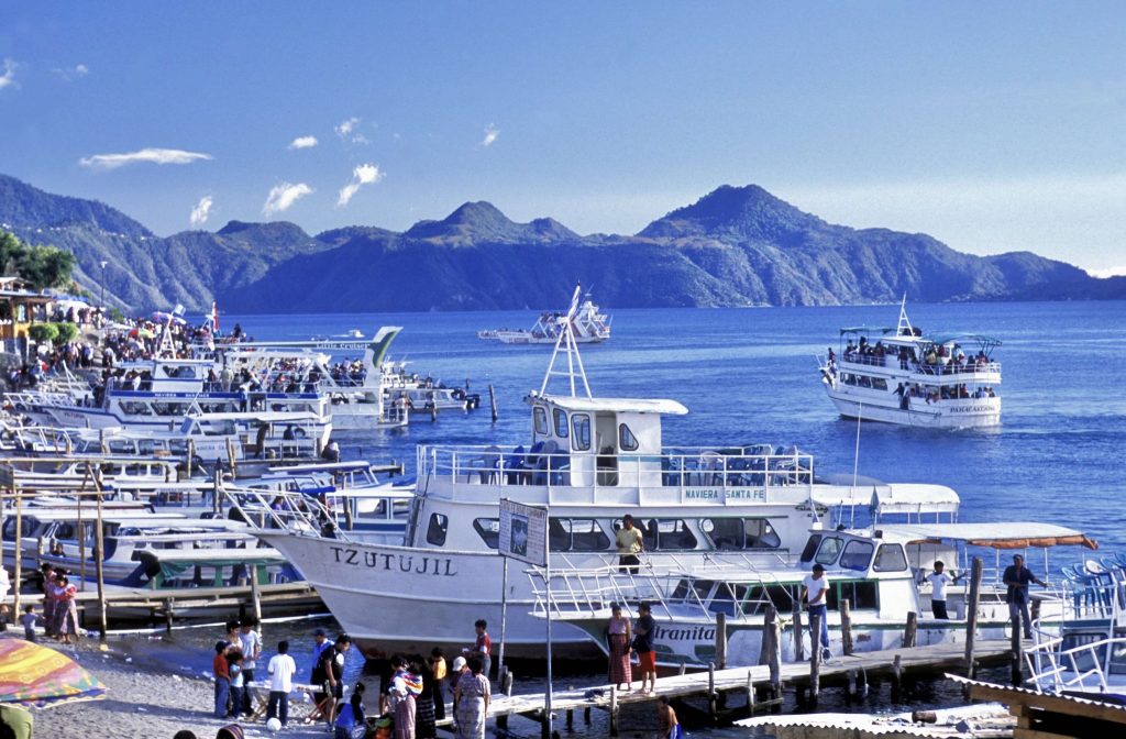 Boats and water taxis docked in Panajachel on Lake Atitlán in Guatemala