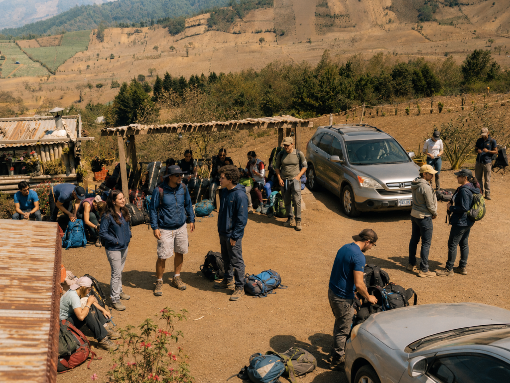 Group of travelers boarding 4x4 vehicles for the Acatenango volcano tour
