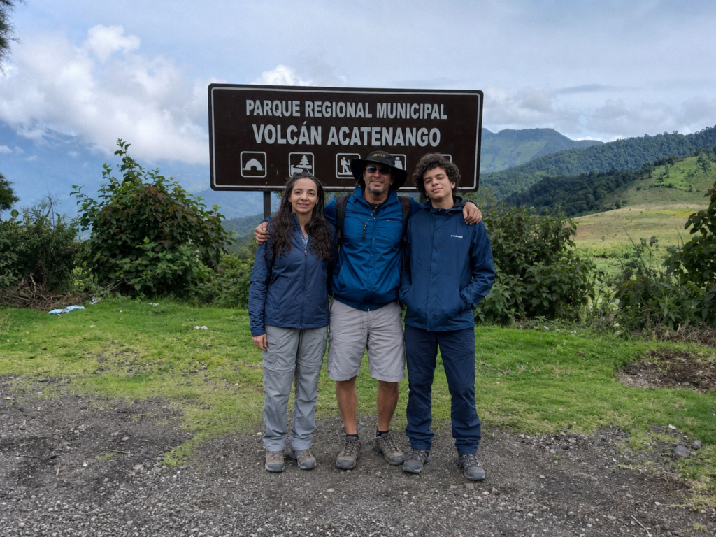 Sign marking the entrance to Parque Regional Municipal Volcán Acatenango trailhead in Guatemala