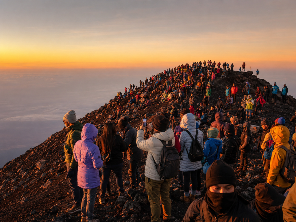 Large crowd of hikers gathered at the summit of Acatenango volcano for sunrise