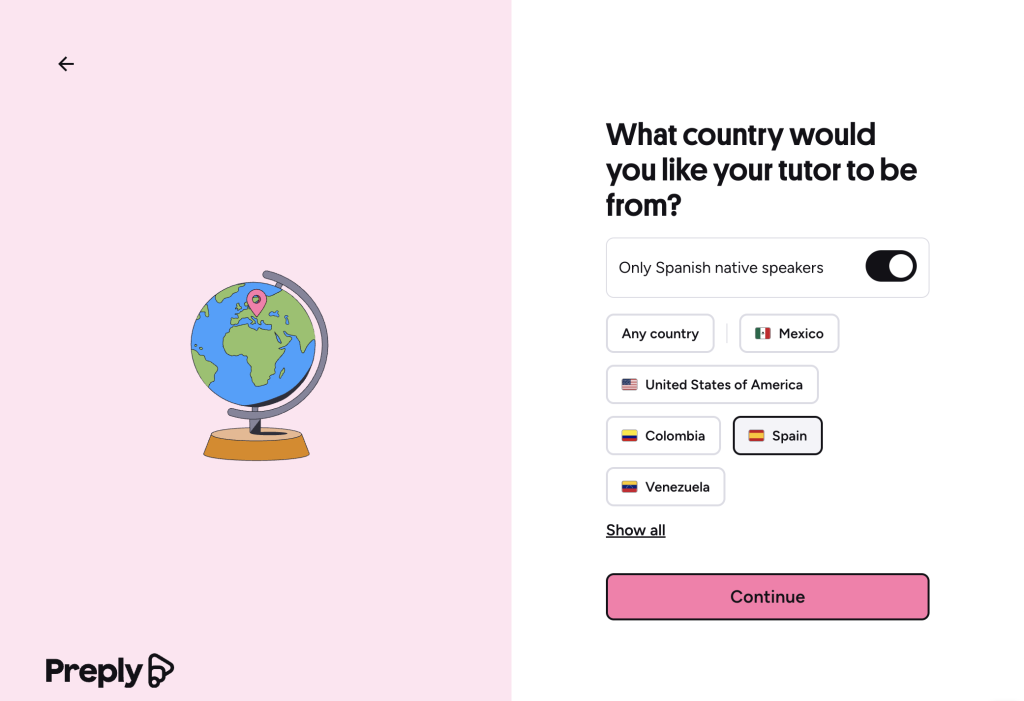 Preply onboarding screen asking what country you'd like your tutor to be from, with Spain selected