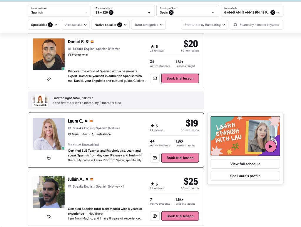 Preply search results showing native Spanish tutors based in Spain priced between $19 and $25 per lesson