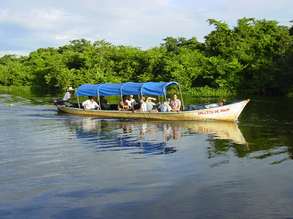 Tour boat with passengers traveling through calm wetland water in Bocas del Polochic near Lake Izabal Guatemala.
