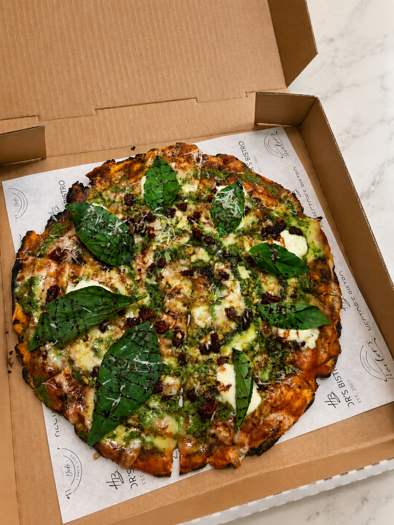 Gluten-free pizza with basil, mozzarella, and balsamic drizzle from Hector's Bistro in Antigua Guatemala
