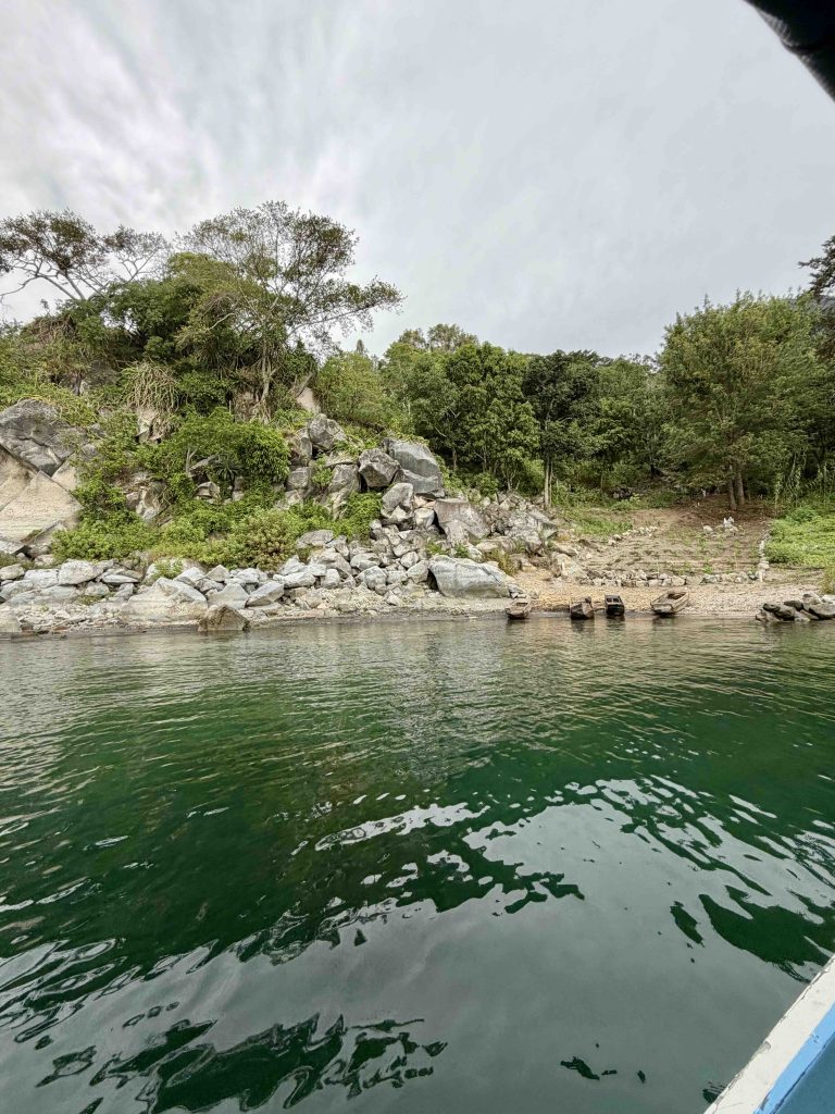 Rocky lakeshore at Chuitinamit where our lancha dropped us to begin the hike from Santiago Atitlán.