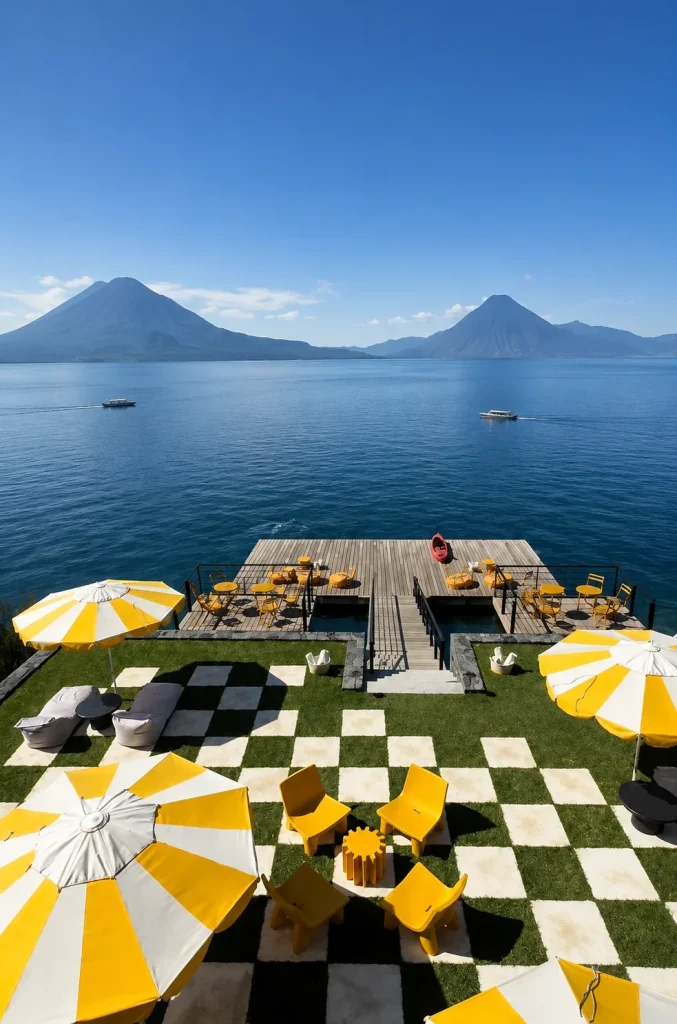 Kinnik restaurant on the lakeshore at Lake Atitlán with yellow tables, umbrellas, and volcano views