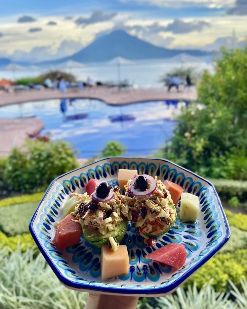 Plated lunch at Hotel Atitlán restaurant with Lake Atitlán and volcano views in Panajachel