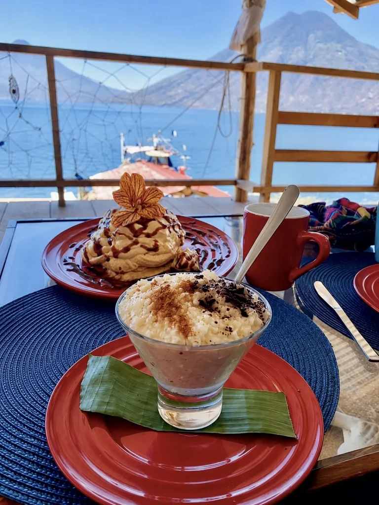 Dessert and arroz con leche at Vida Cocina Creativa with views of Lake Atitlán and the volcanoes