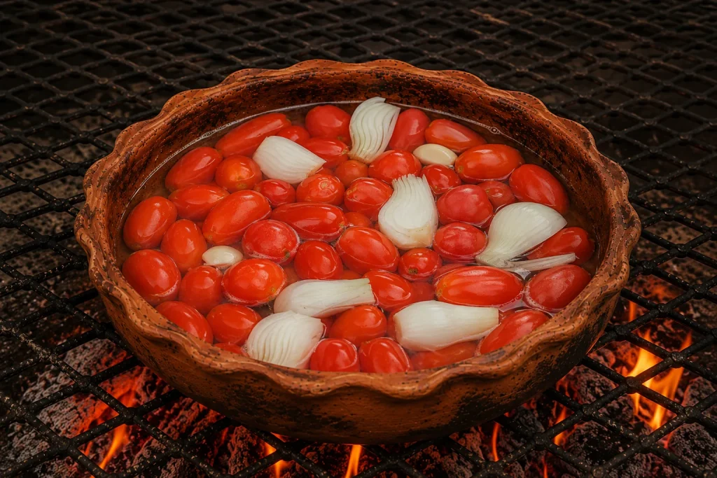 Tomatoes, onion and garlic cooking in a clay pot over a wood fire for traditional Guatemalan patín