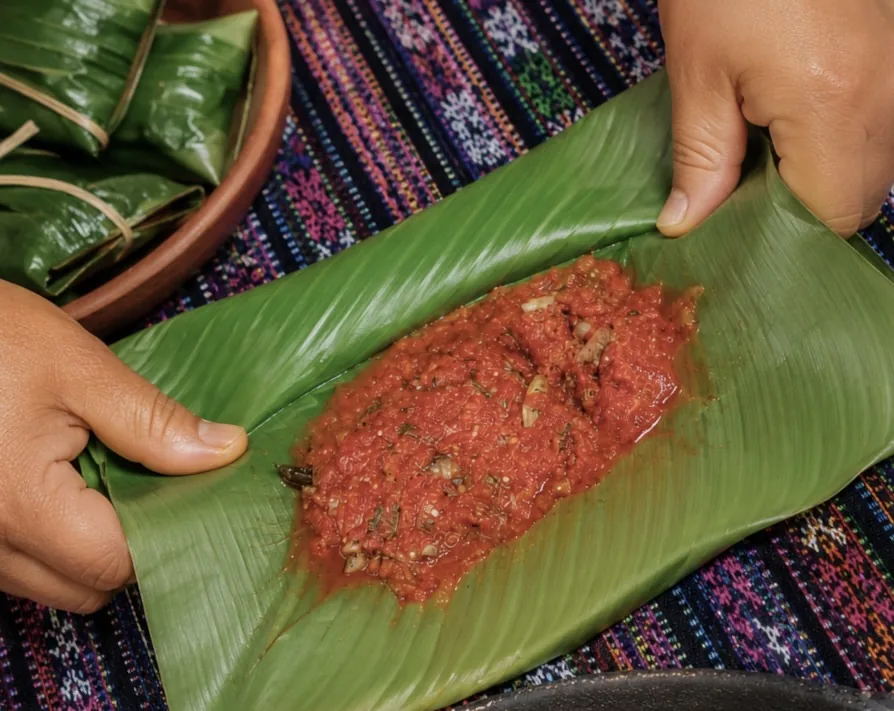 Traditional Guatemalan patín with fish and tomato recado being placed on a green maxán leaf before wrapping
