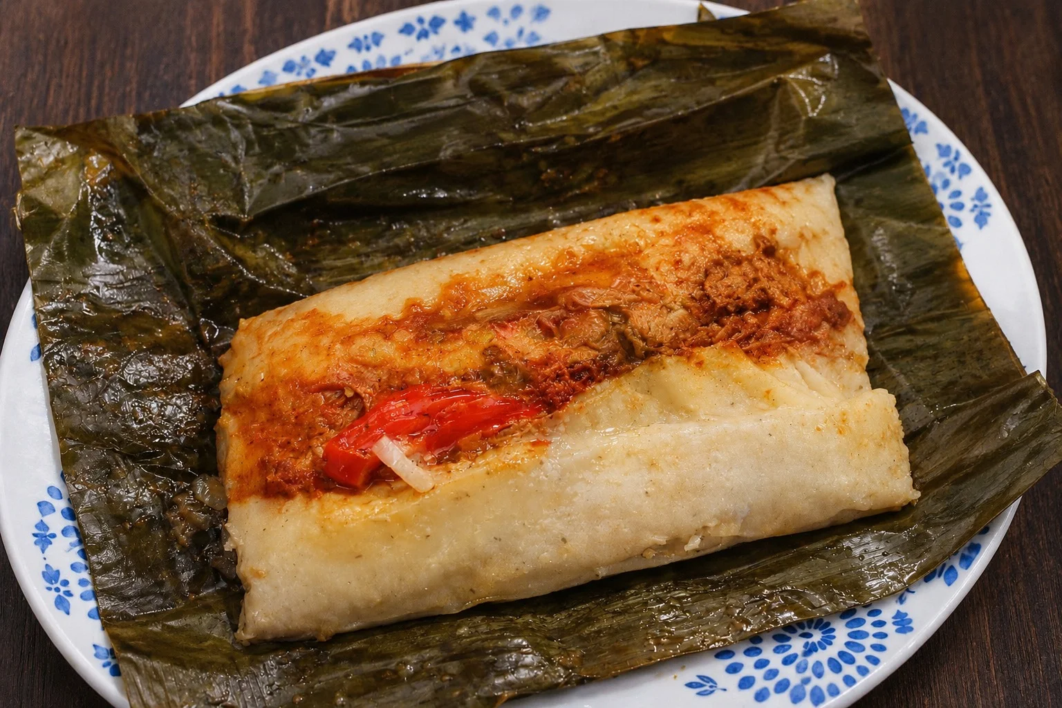 Guatemalan tamal colorado with red pepper and recado on a banana leaf from Doña Berta