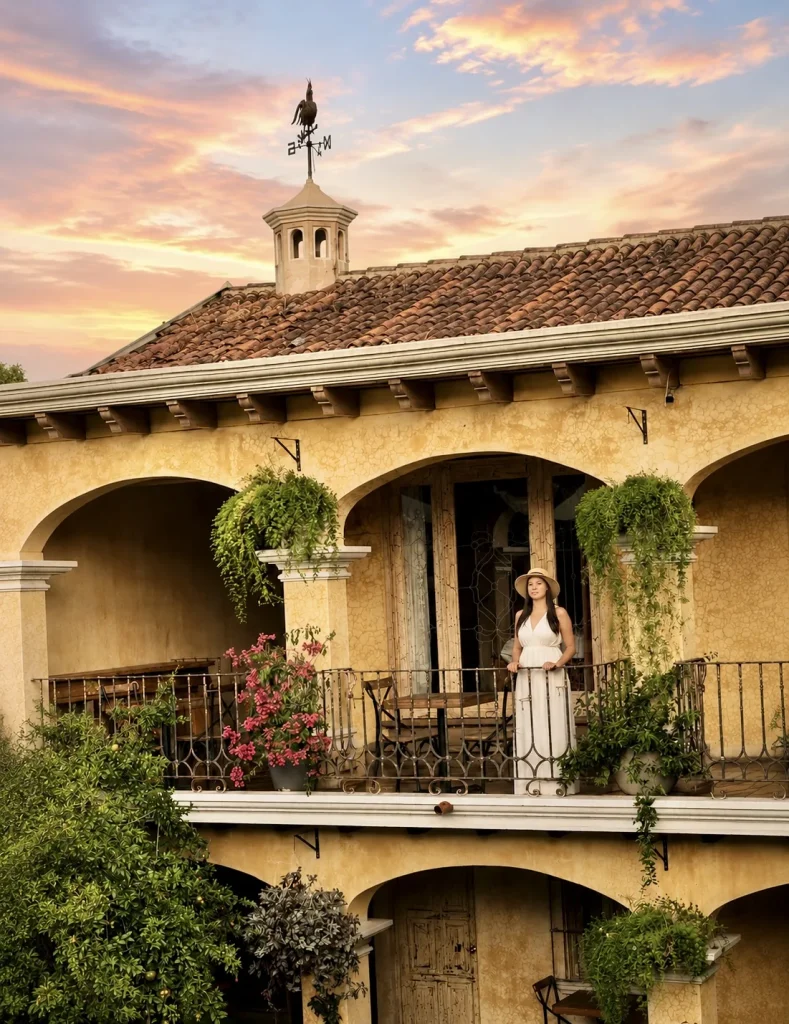 Guest standing on a flower-filled balcony at Hotel Casa Realeza in Antigua Guatemala during sunset.
