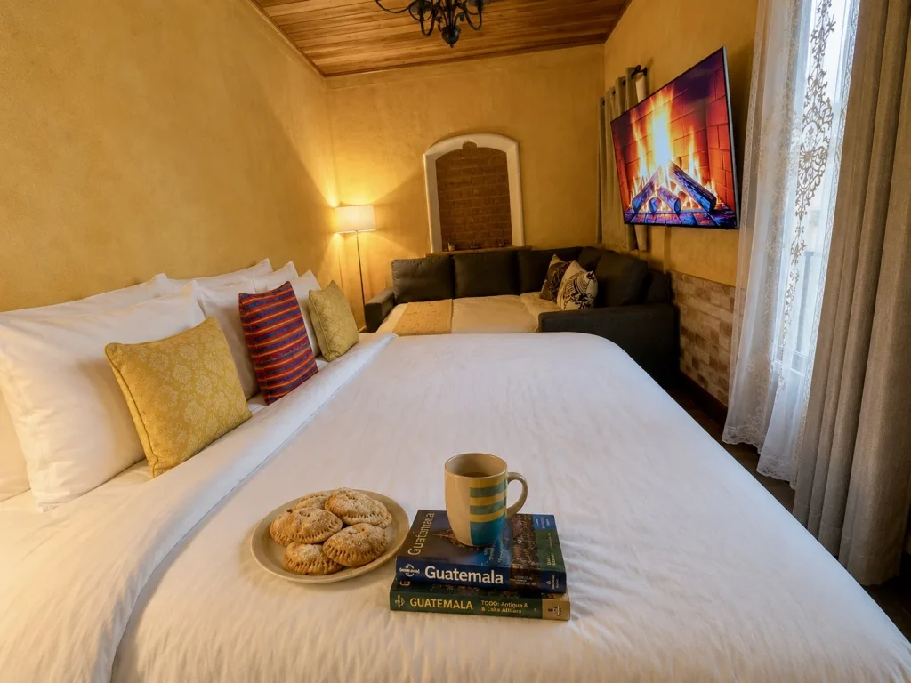 Spacious Casa Realeza suite with a large bed, sofa, television and warm colonial décor.