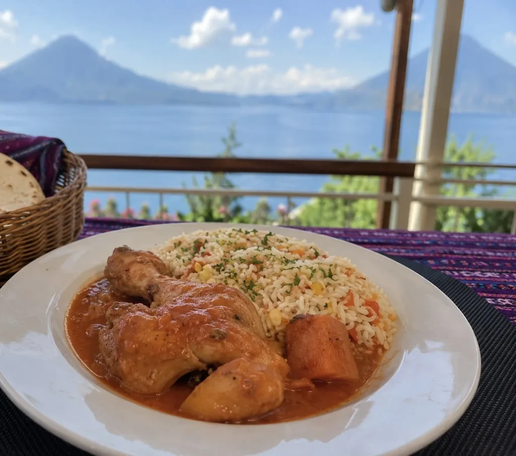 Traditional Guatemalan pulique with chicken, potatoes and rice overlooking Lake Atitlán