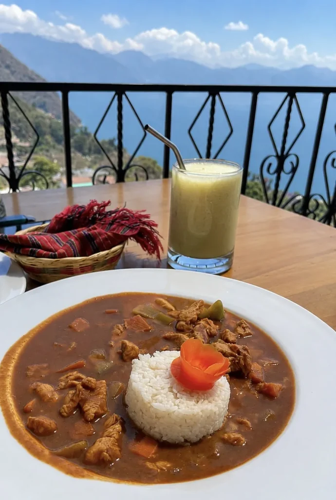 Traditional Guatemalan subanik with meat, vegetables and rice at Café Sabor Cruceño overlooking Lake Atitlán