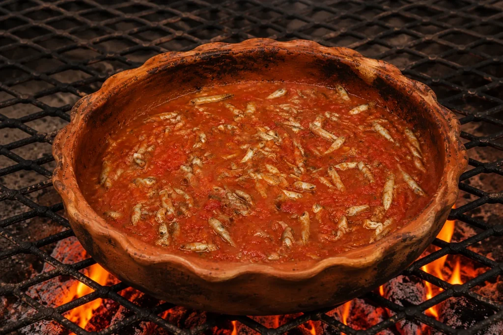 Small fish cooking in thick tomato recado in a clay pot for traditional Guatemalan patín from Lake Atitlán