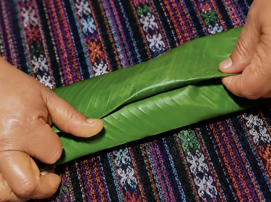 Hands folding a green maxán leaf around traditional Guatemalan patín de pescado