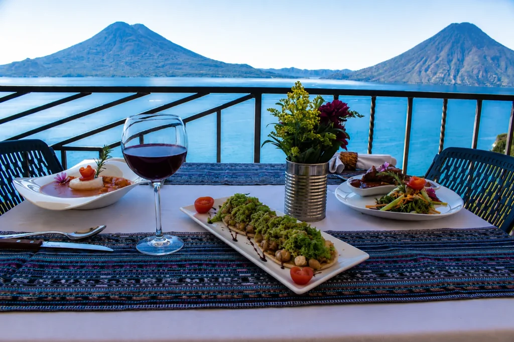 Guatemalan dishes served at Café Sabor Cruceño overlooking Lake Atitlán and the volcanoes