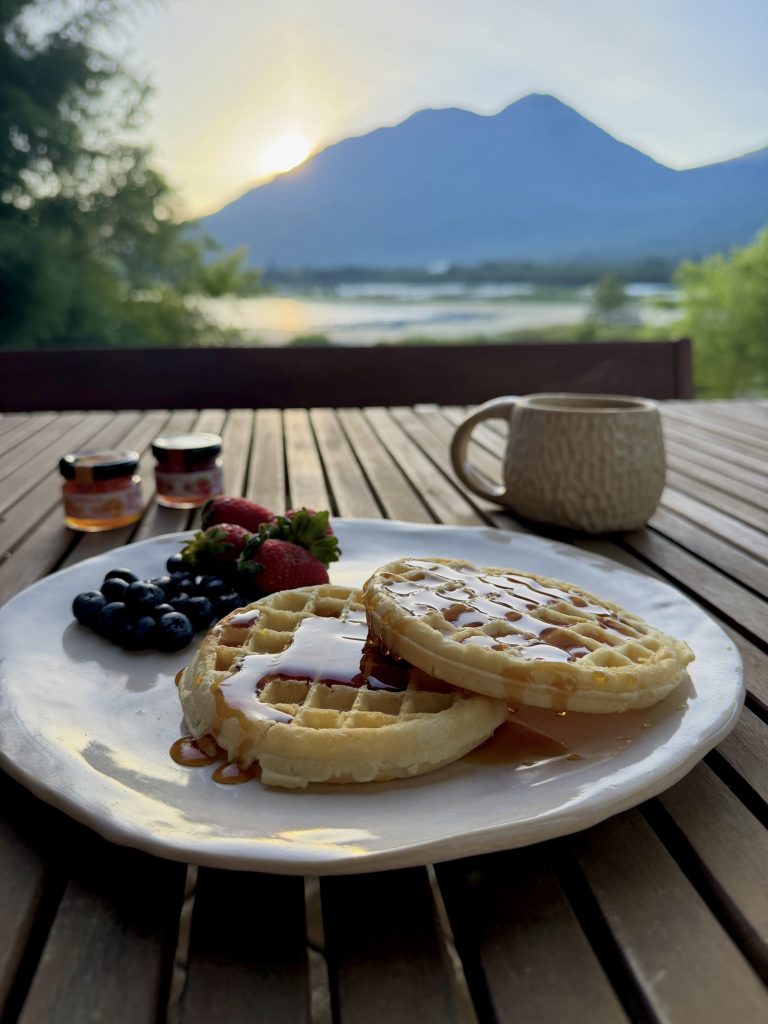 Sunrise breakfast with waffles at Lake Atitlán Airbnb Orilla Casas en Ati near Santiago Atitlán Guatemala