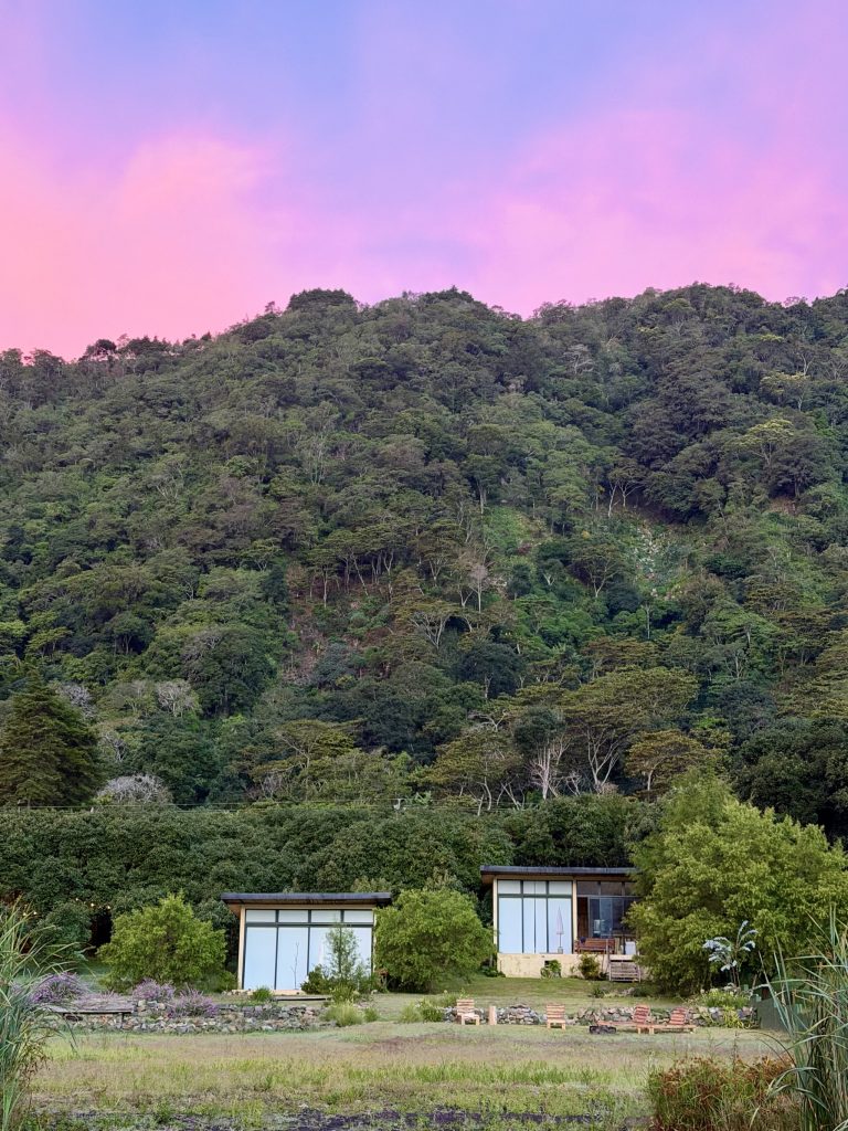 Orilla Casas en Ati luxury Lake Atitlán Airbnb with Casa Teo and Casa Lelia beneath a pink sunset near Santiago Atitlán