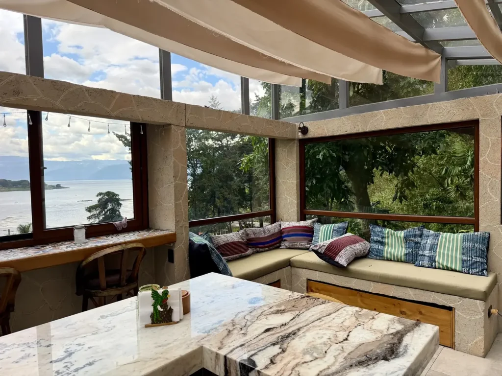 Lake Atitlán view from the Tree House living area at Guatemala Dreams in San Lucas Tolimán