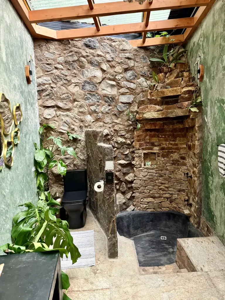 Waterfall shower with skylight inside the Guatemala Dreams Tree House in San Lucas Tolimán