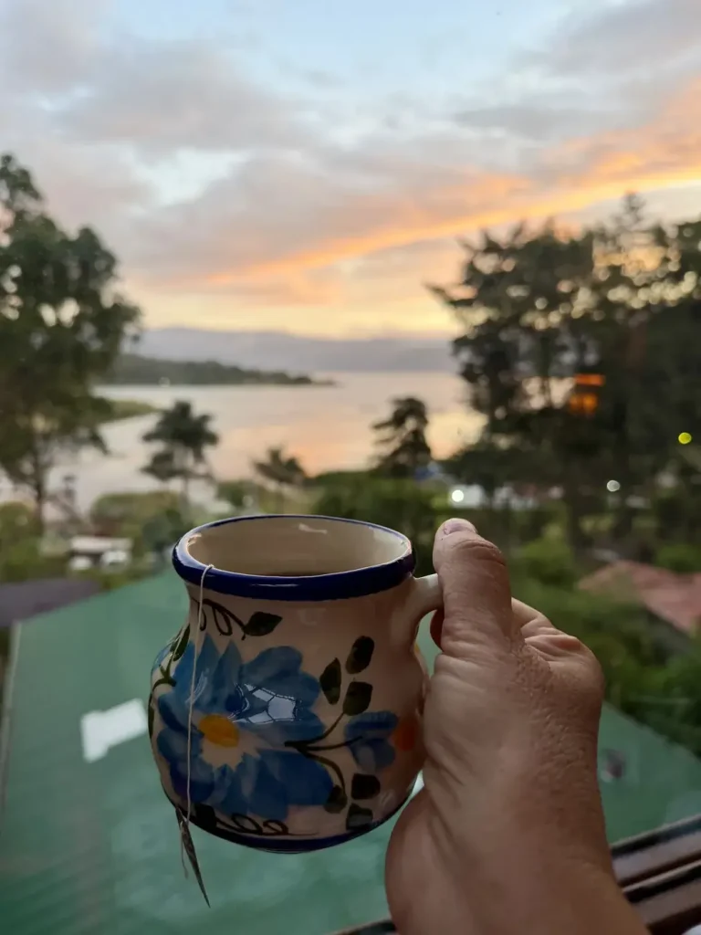 Coffee with a sunset view over Lake Atitlán from Guatemala Dreams in San Lucas Tolimán