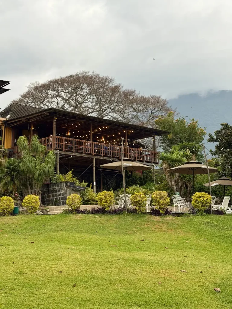 Restaurant terrace overlooking Lake Atitlán at Hotel Tolimán in San Lucas Tolimán