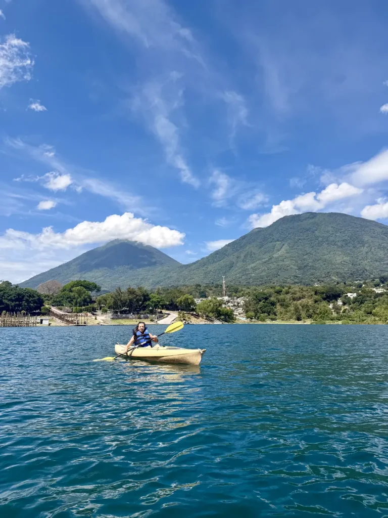 Kayaking on Lake Atitlán beneath Tolimán and Atitlán volcanoes near San Lucas Tolimán