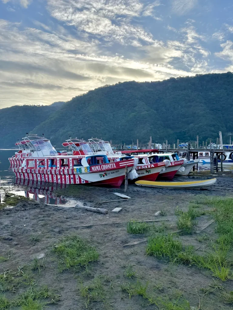 Colorful public lanchas at the San Lucas Tolimán dock on Lake Atitlán
